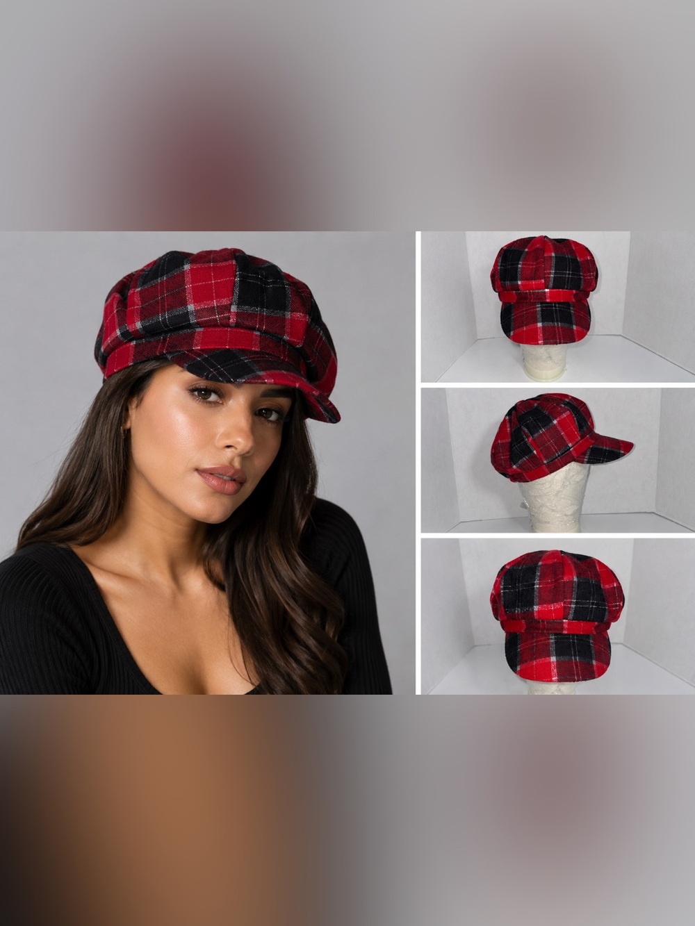 Y2K - Plaid Newsboy Cap Red & Black Tartan Baker Boy Beret Hat Women's